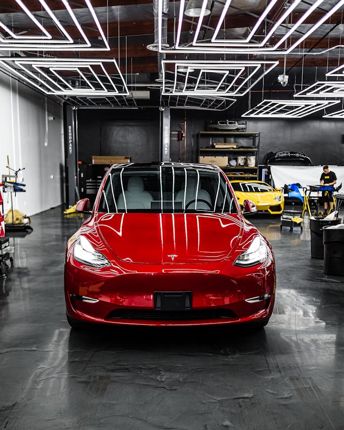 Red Car Parked in Garage